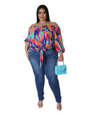 Plus Size Flower Casual Off Shoulder Top