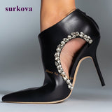 Side Air Crystal Pointed Toe Leather Stiletto Heels