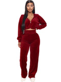 Velvet  Zipper Hoodie Crop Sweat Suit