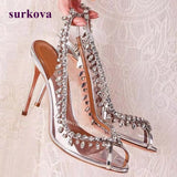 Silver Crystal Slingback Ankle Strap  High Heels