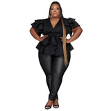 Plus Size V-neck  Ruffle Bow Top