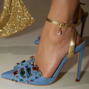 Crystal Gem Point Toe Thin High  Heels