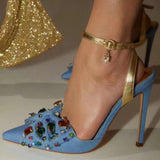 Crystal Gem Point Toe Thin High  Heels