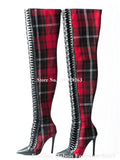 Red Plaid Knee High Boots