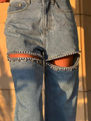 Rhinestone Cut Out Jeans