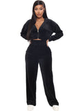 Velvet  Zipper Hoodie Crop Sweat Suit
