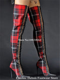 Red Plaid Knee High Boots