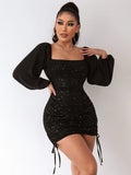 Lantern Sleeve Drawstring Dress