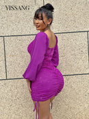Lantern Sleeve Drawstring Dress