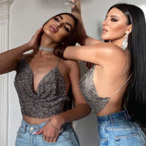 V Neck Rhinestone Backless Tank Top