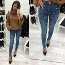 blue Jeans  Skinny Pearl Beaded black  high waist Zipper - For you and all