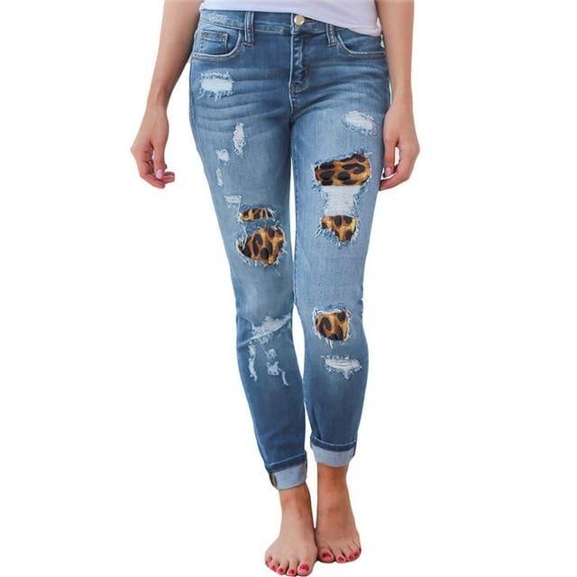 High Waist Jeans  Slim Hole Leopard Patchwork - For you and all